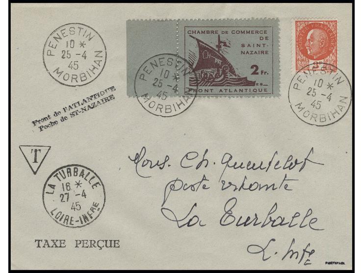 St. Nazaire: 2 Fr. und Zufrankatur mit Stempel "PENESTIN MORBIHAN 25 -4 45" auf Brief nach La Burballe, sign. Pickenpack