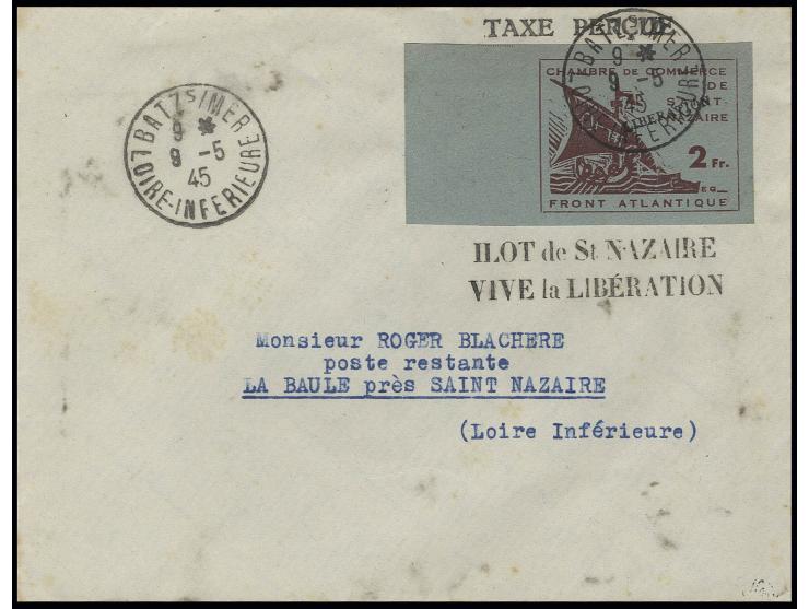 2 Fr., breitrandig ungezähntes linkes Randstück mit Aufdruck "LIBÉRATION" und Stempel "BATZ 9.5.45" auf Brief nach La Baule m