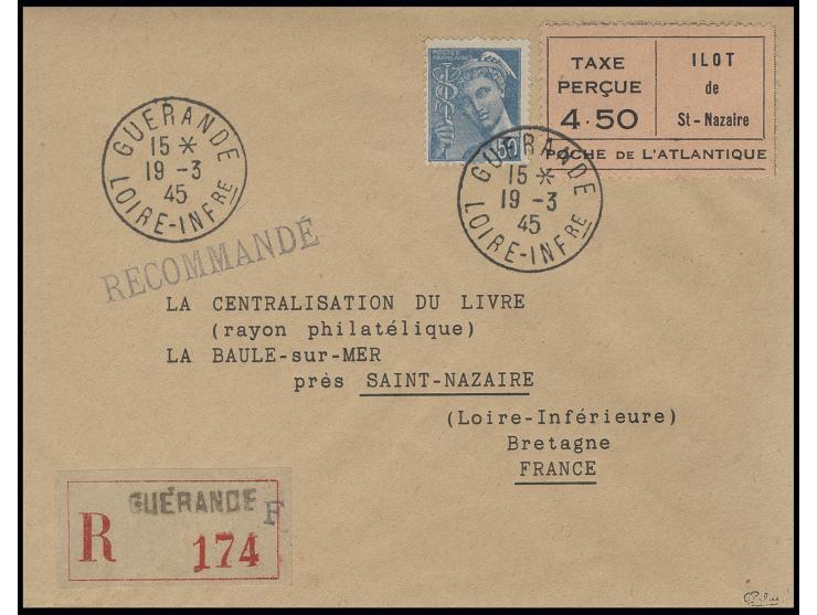 4,50 Fr. in Type II mit Zusatzfrankatur auf R-Brief von "GUERANDE 19.3.45" nach La Baule mit Ankunftsstempel, Kabinett, sign.