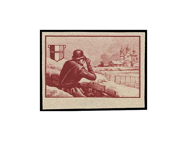 1942, Kriegsdarstellungen 1 Fr., Probedruck in dunkelrot ohne Wertangabe, ungezähnt, ohne Gummi, Pracht, sign. Tust BPP
