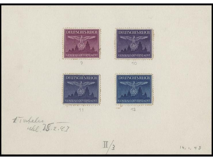 1943, Hoheitsadler über Burg Krakau, vier Marken in rosaviolett, violettblau, graublau und blau ohne Wertangabe auf Vorlageka