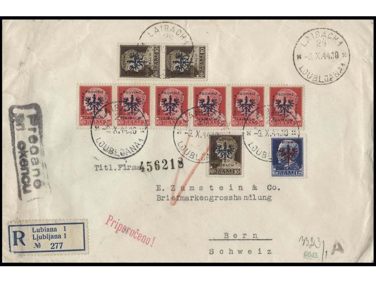 1944, Aufdruckausgabe 10 C. im senkrechten Paar und Einzelstück mit 20 C. im 6er-Streifen und 1,25 L. auf zensiertem R-Brief 