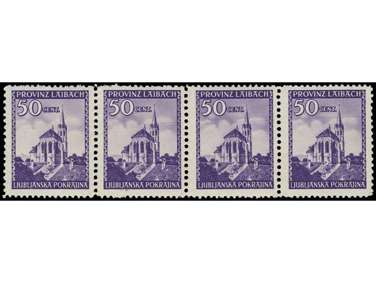 1945, 50 C. im waagerechten 4er-Streifen, jede Marke mit Plattenfehler "2 Telegraphendrähte in Höhe des Kirchturms" (Felder 5