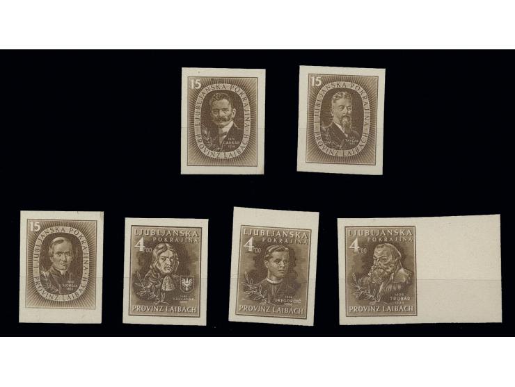 unverausgabte Verdiente Slowenen 4 und 15 L., 6 ungezähnte Werte in dunkelsiena auf Kartonpapier kpl., ungummiert, Kabinett, 