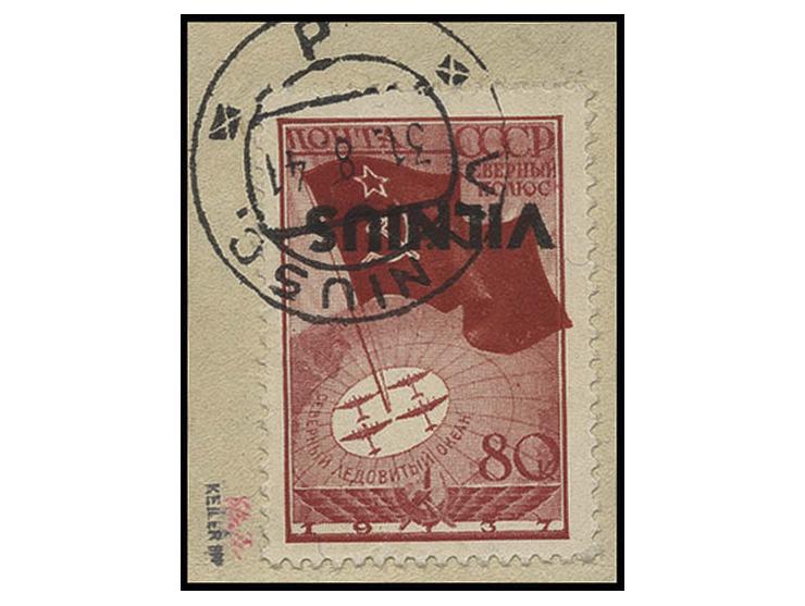 Vilnius: 1941, 80 K. karmin mit kopfstehendem Aufdruck, mit Stempel "VILNIUS 31.8.41" auf Briefstück (zur Kontrolle gelöst un