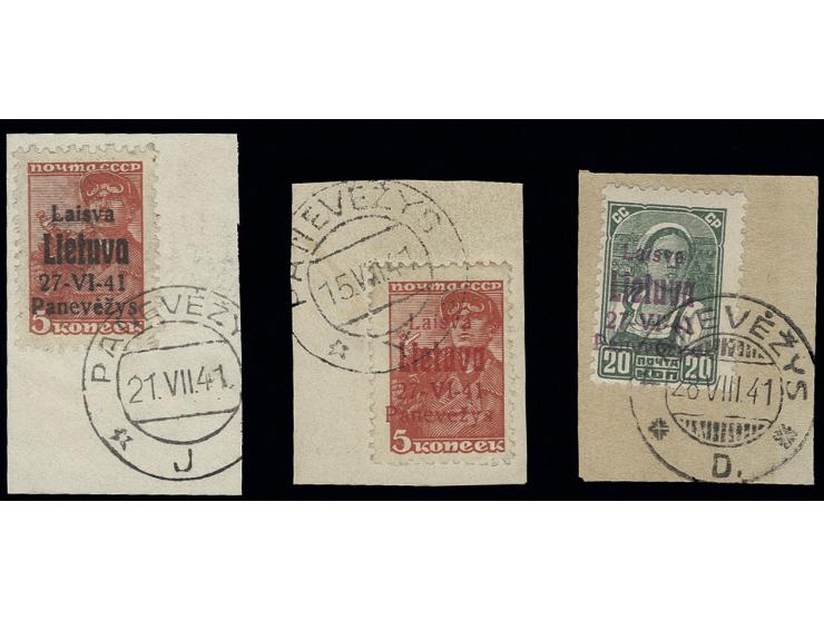 Ponewesch: 1941, 5 K. mit schwarzem und rotem Aufdruck und 20 K. mit lila Aufdruck, je mit Stempel auf kleinem Briefstück, te