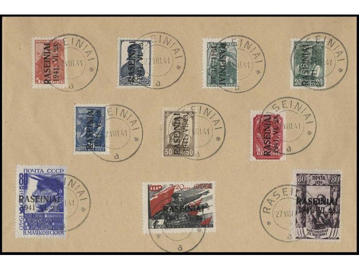 5-60 K. und 80 K. - 1 R., Type III, 15 K. mit kopfstehendem Aufdruck, je mit klarem Stempel "RASEINIAI 27.VIII.41" auf Blanko