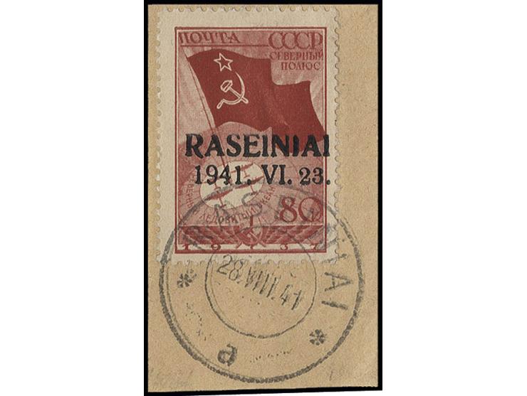 80 K. karmin, mit Stempel "RASEINIAI 28.VIII.41" auf Briefstück, Kabinett, Fotoattest Krischke BPP