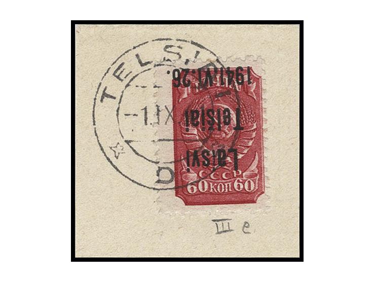 60 K. mit kopfstehendem Aufdruck von Feld 20 mit Abart "Vi statt VI", mit Stempel "TELSIAI -1.XI.41" auf Briefstück, Kabinett