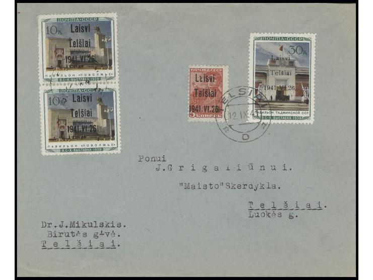 Wolgagegbiet 10 K. im senkrechten Paar sowie Tadschikische SSR 30 K. und 5 K. rot mit Stempel "TELSIAI 12.IX.41" auf beschrif