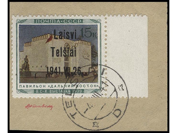 Ferner Osten 15 K. mit rechtem Bogenrand, Type III, mit Aufdruckfehler "Vi statt VI", mit Stempel "TELSIAI -4.VIII.41" auf Br