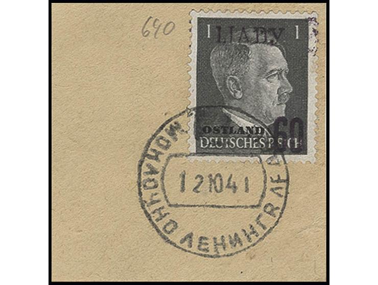 60 K. auf Hitler 1 Pfg. mit schwarzviolettem Aufdruck und Stempel "MOKLOSCHNO 12 10 41" auf Briefstück, Kabinett, Fotoattest 
