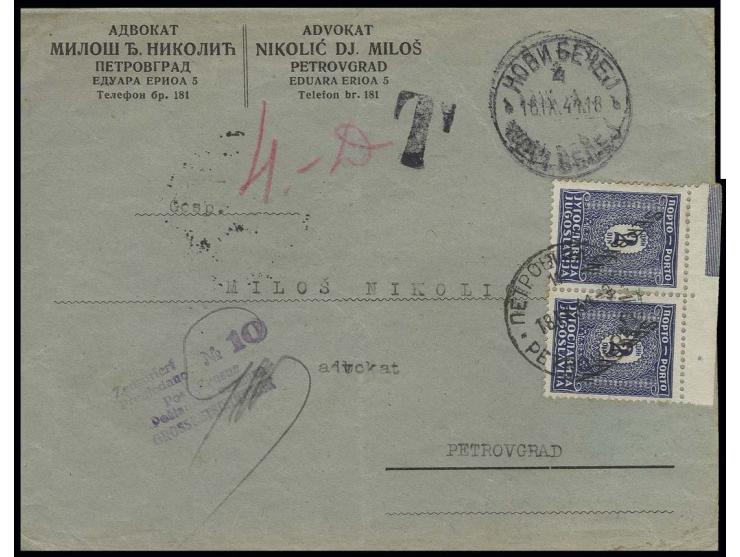 PORTOMARKEN: 1941, 2 Din. im waagerechten Paar mit Oberrand, mit Stempel "PETROVGRAD 18.9." auf unfrankiertem Brief mit Taxst