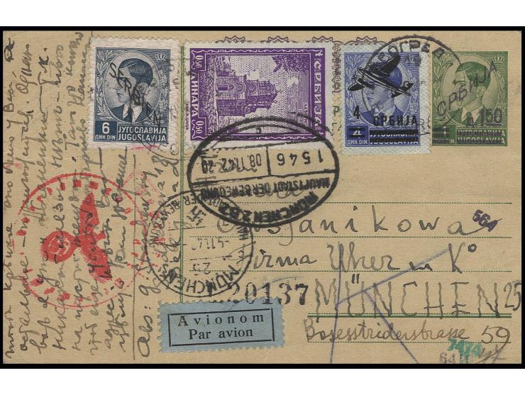 GANZSACHEN: 1942, Karte 1,50 Din. auf  1 Din. mit Zufrankatur Freimarke 6 Din., Flugpostmarke 4 Din. und Klöster 0,50 Din.als