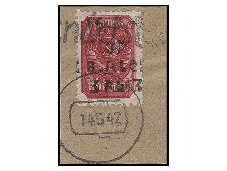 3 Rbl auf 60 K. mit stummen Stempel "14.5.42" auf Briefstück, übliche Zähnung, sign. Keiler und Zirath BPP
