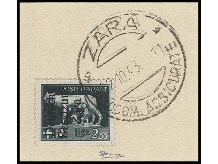 2.55 L. mit Stempel "ZARA 22.10.43" auf Briefstück, Kabinett, Fotoattest Brunel BPP