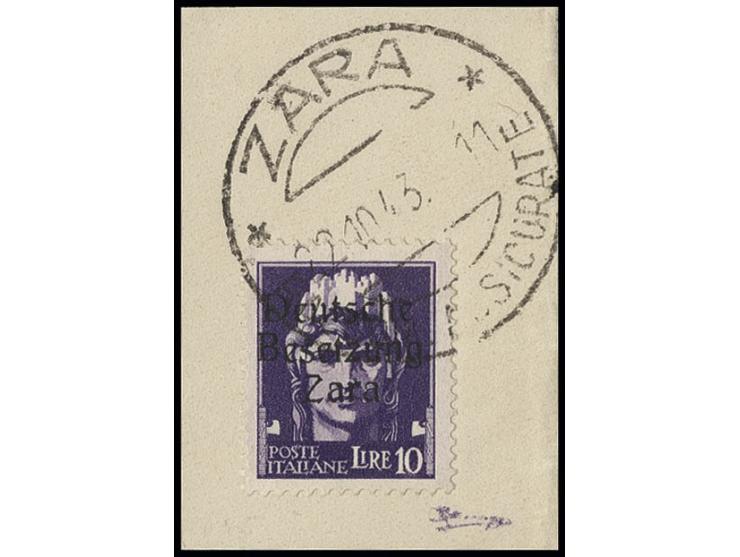 10 L. mit Stempel "ZARA 22.10.43" auf Briefstück, Kabinett, Fotoattest Brunel BPP