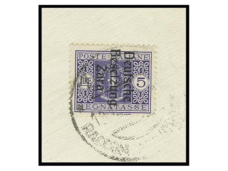 5 L. mit Aufdruckabart "gebrochenes n in Besetzung", mit Stempel auf Briefstück, eine seltene Marke mit einer Auflage von nur