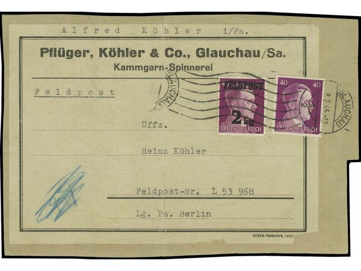 1944, Päckchenmarke 2 kg mit Zufrankatur Hitler 40 Pfg. auf komplettem Adressenträgerteil für ein Päckchen von "GLAUCHAU 8.2.