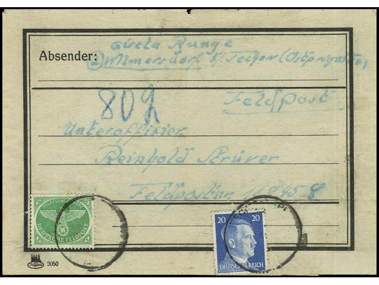 dito, mit Hitler 20 Pfg. auf komplettem Addressenträgerteil für ein Päckchen von "TECHOW..." an einen Empfänger mit Feldpost-