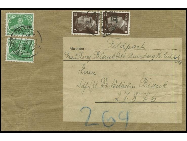 dito, 2 Stück mit Hitler 10 Pfg. (2) auf komplettem Adressenträgerteil für ein Päckchen von "ARNSBERG 18..11." an einen Empfä