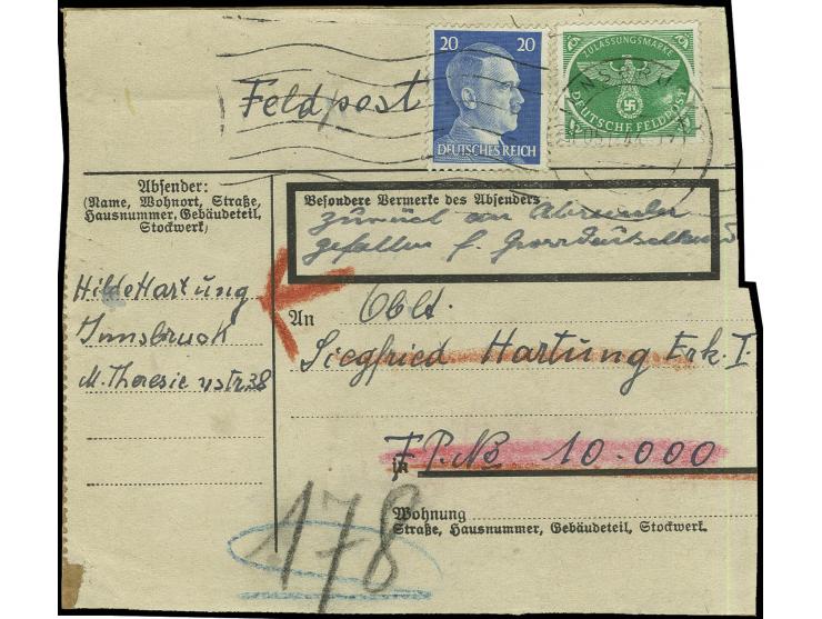 dito, mit 20 Pfg. Hitler auf komplettem Adressenträgerteil für ein Päckchen von "INNSBRUCK 5.12." an einen Empfänger mit Feld