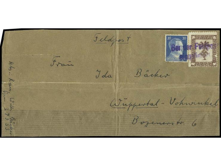 dito, mit Hitler 20 Pfg. und blau-violettem L2 "Bei der Feldpost eingeliefert" auf komplettem Adressenträgerteil für ein Päck