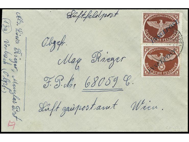 dito, 2 Stück von Platte I/1 und II (!) auf Brief von "VORBACH 13.4." an die Feldpostnummer "68059 C" (3. Batterie Heeres-Küs