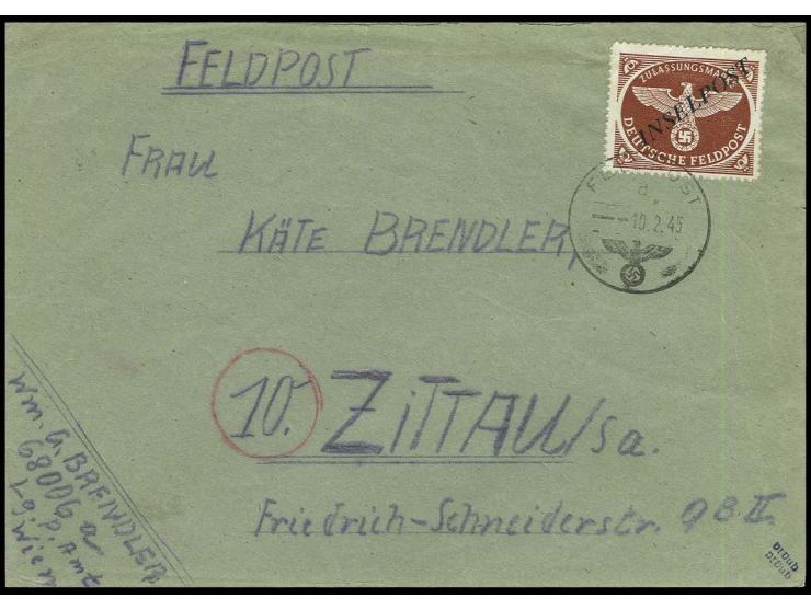 Aufdruck schwarzblau auf Brief mit Normstempel "d 10.2." (Chania) und vorderseitigem Absendervermerk mit Feldpostnummer "6800