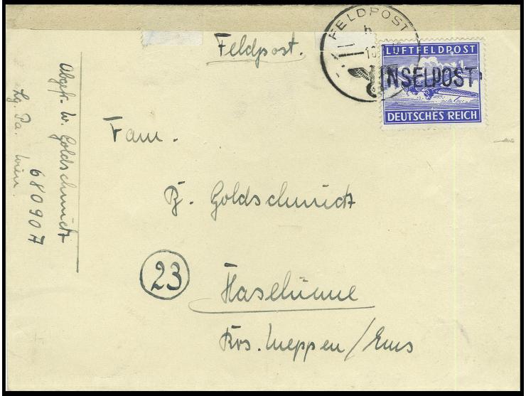 dito, Type I, auf Brief mit Normstempel "h 10.3." (Porto Lago) und vorderseitigem Absendervermerk mit Feldpostnummer "68090 A