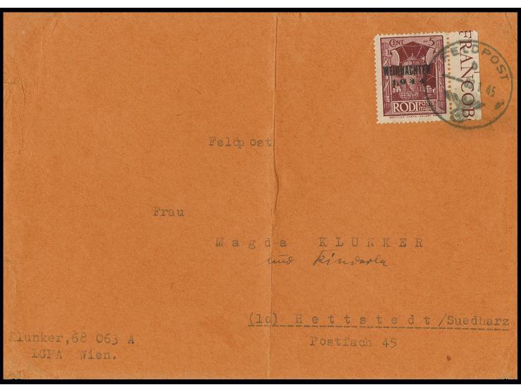 1945, Insel Rhodos, Weihnachtsmarke in Type I mit rechtem Rand auf Brief mit Normstempel "b 8.1." (Rodi) und vorderseitigem A