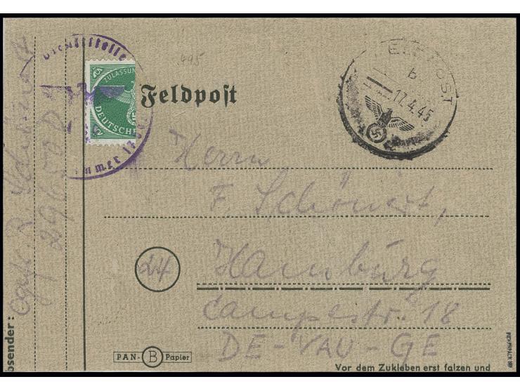 1945, Kurland-Halbierung, linke Hälfte auf Kartenbrief mit Normstempel "b 17.4." und Absendervermerk mit Feldpostnummer "2965
