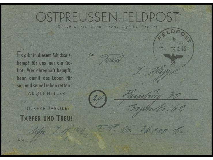 graublaue Karte mit magerer Schrift, gebraucht mit Normstempel "b 5.3." und Absendervermerk mit Feldpostnummer "36100 B" nach