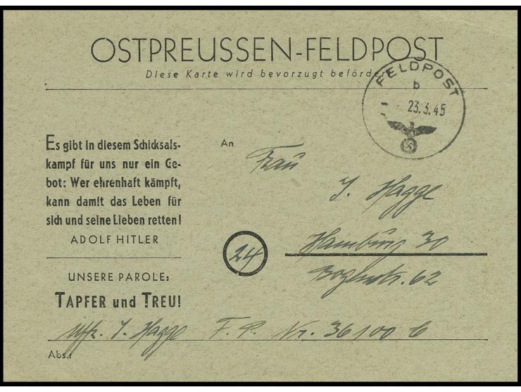 hellgraue Karte mit magerer Schrift, gebraucht mit Normstempel "b 23.3." und Absendervermerk mit Feldpostnummer "36100 B" nac