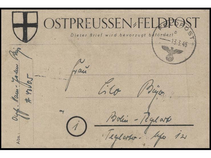 Vordruck-Faltbrief mit Normstempel "b 13.3.45" und Absendervermerk mit Felpostnummer "A43105" nach Berlin, rückseitig Verschl