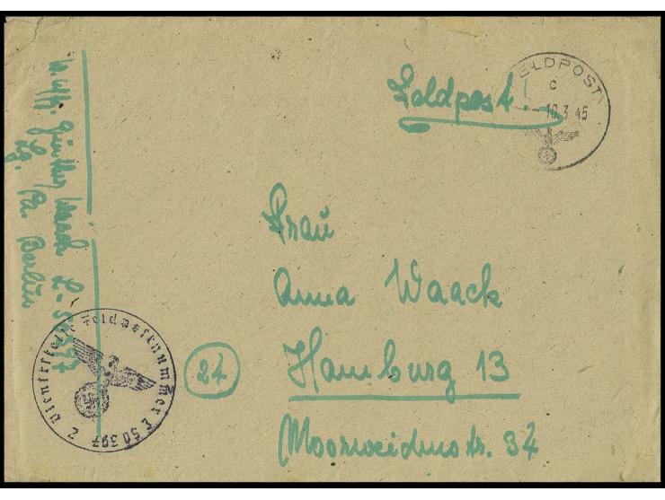 Brief mit Normstempel "c 10.3.45" und Briefstempel sowie Absendervermerk mit Feldpostnummer "L 50397" nach Hamburg, komplett 
