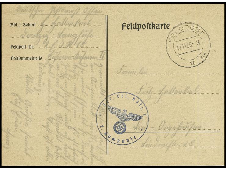 1939, "FELDPOST II dzg 10.11.", glasklar auf Feldpostkarte mit Briefstempel "Inf. Ers. Batl. I 2. Kompanie", sehr gute Erhalt