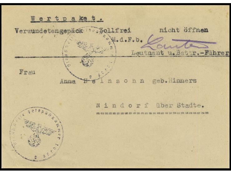 1944 (ca.), provisorischer Wertpaket-Adressenträgerteil für Verwundetengepäck mit Vermerk "Zollfrei - nicht öffnen" mit Diens