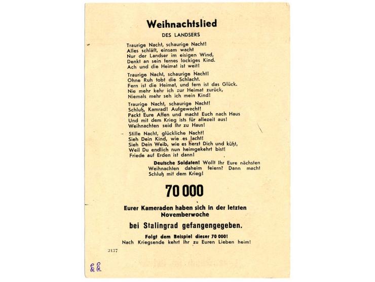 Propagandakarte "Lebensraum im Osten" mit rückseitigem Weihnachtslied und Text über Stalingrad, dazu Karte mit russischem Tex
