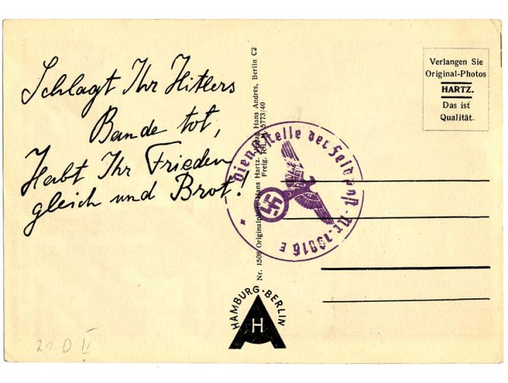 Propagandakarte mit gedrucktem Briefstempel "Von Brauchitsch: Ich will mir mal ansehen, wie dieser Abenteurer das Kommando fü