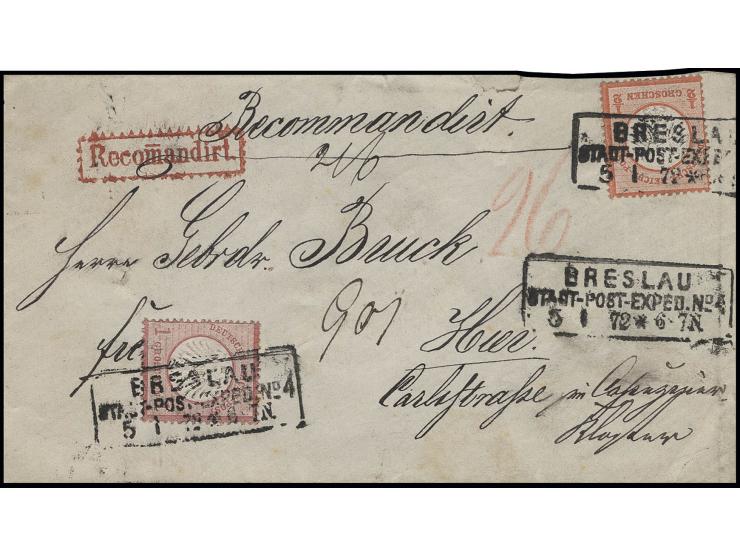 ½ Gr. rötlichorange und 1 Gr. rötlichkarmin mit Ra3 "BRESLAU/STADT-POST-EXPED. No. 4 / 5 1 72" auf eingeschriebenem Ortsbrief