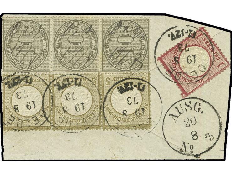 5 Gr. graubraun und Innendienst 10 Gr. dunkelgelbgrau im waagerechten bzw. senkrechten 3er-Streifen, dabei die 5 Gr. mit scha