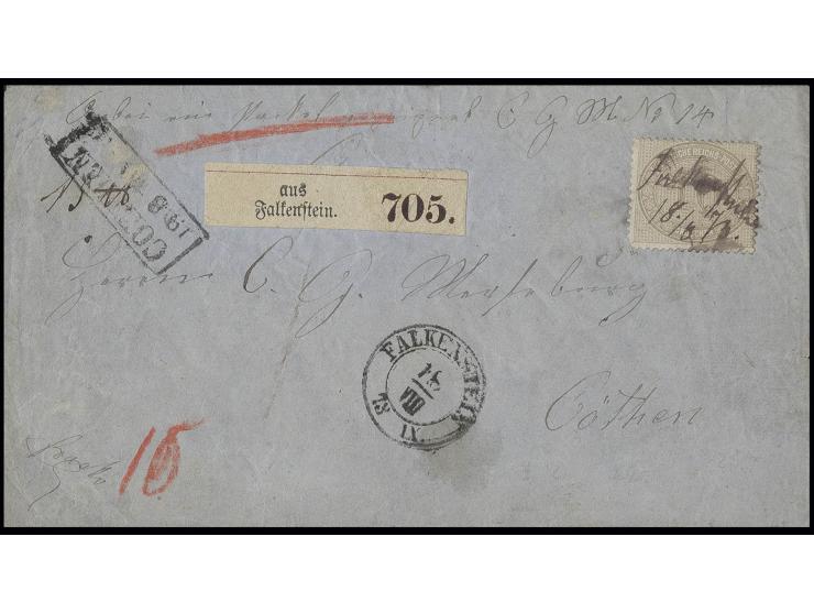 10 Gr. hellgraubraun mit handschriftlicher Entwertung auf Paketbegleitbrief mit nebengesetztem Sachsen-DKr. "FALKENSTEIN 18.V