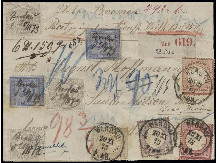 10 Gr. gelblichgrau (3) und Großer Schild ¼ Gr. violett, 1 Gr. karmin, 2½ Gr. rötlichbrau und 5 Gr. ockerbraun in Mischfranka