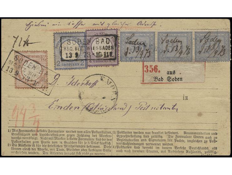 30 Gr. graublau im waagerechten 3er-Streifen mit handschriftlicher Entwertung in Mischfrankatur mit kleiner Schild 1/4 Gr. gr