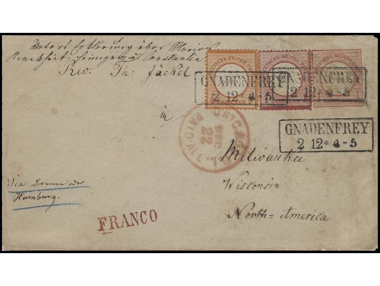½ Gr. orange und Großer Schild 1 Gr. karmin als Zusatzfrankatur auf 1872, Ganzsachenumschlag 1 Gr. mit Preußen-Ra2 "GANDENFRE