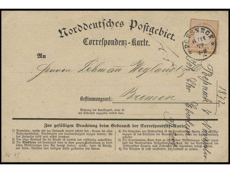 2 Kr. orange, farbfrisch und gut geprägt mit EKr. "POESNECK 6/11 72" auf Karte nach Bremen, Pracht