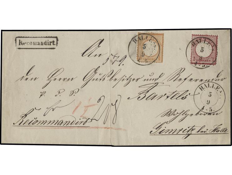 ½ Gr. orange und 1 Gr. karmin mit Preußen-DKr. "HALLE A/S. 5 9" auf eingeschriebenem Faltbrief in den eigenen Landzustellbezi