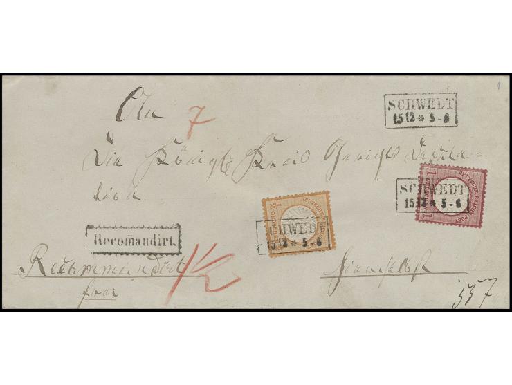 ½ Gr. orange und 1 Gr. karmin mit Preußen-Ra2 "SCHWEDT / 15 12" auf eingeschriebenem Ortsfaltbrief, Kabinett, Fotoattest Krug