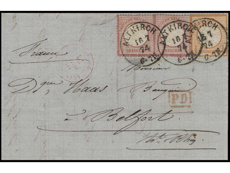 ½ Gr. orange und 1 Gr. rötlichkarmin (2) mit klarem EKr. "ALTKIRCH 16 7 74" auf Grenzrayon-Faltbrief nach Belfort mit rotem R